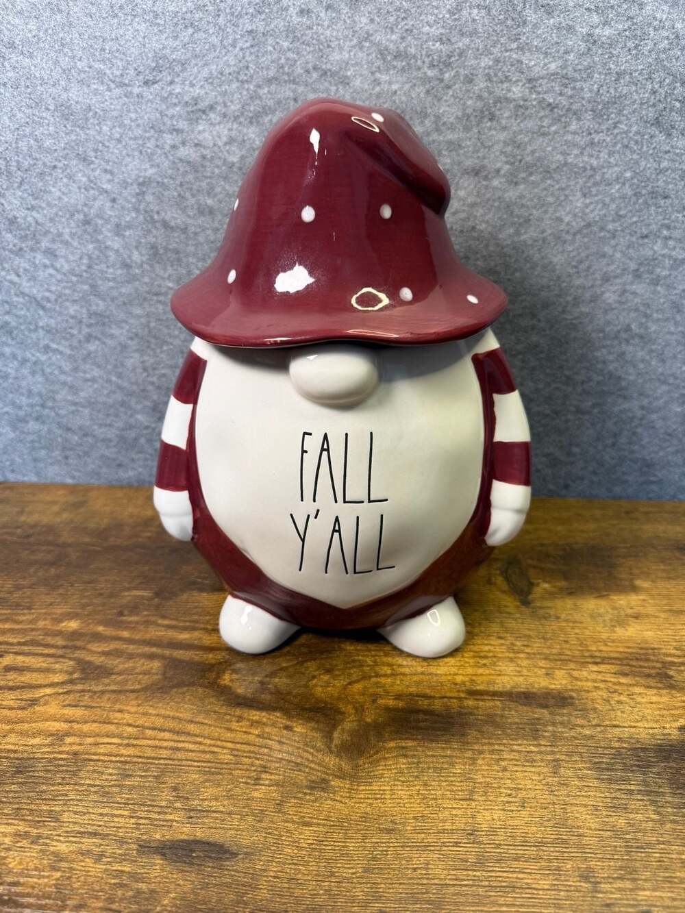 Rae Dunn Fall Y'all Gnome Figural Cookie Jar Canister with Lid Maroon White